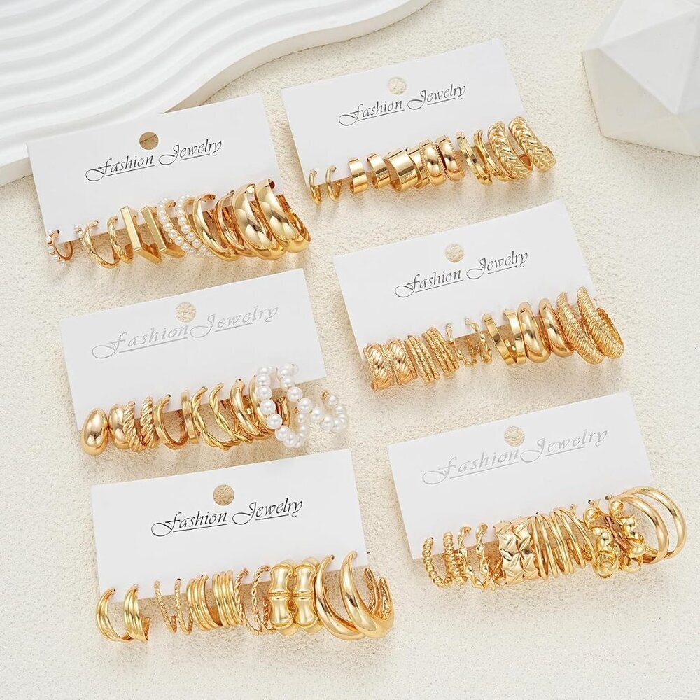 Gold Hoop Earrings Set 36 Pairs Mix of Sizes and Styles Hypoallergenic Jewelry - Picture 7 of 9